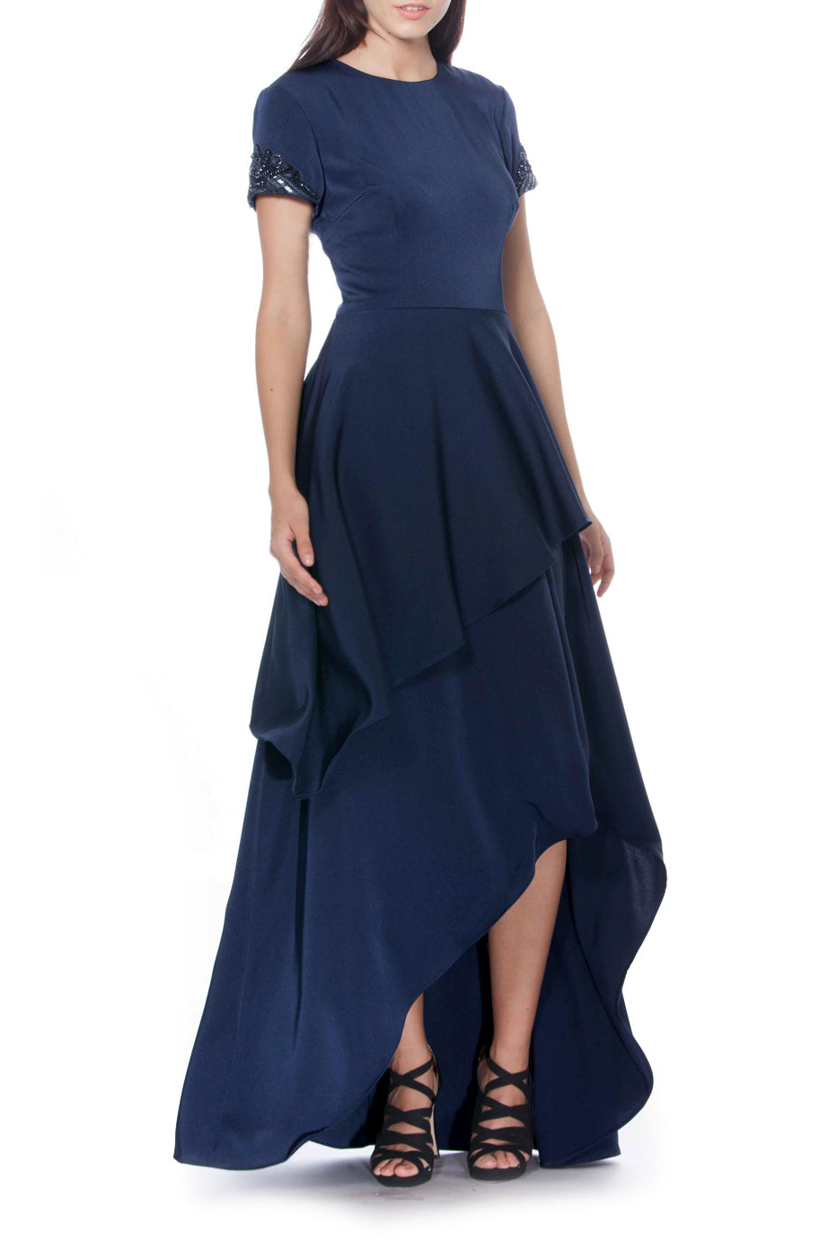 Layered Short Sleeve Navy Gown, DAVID MEISTER - elilhaam.com