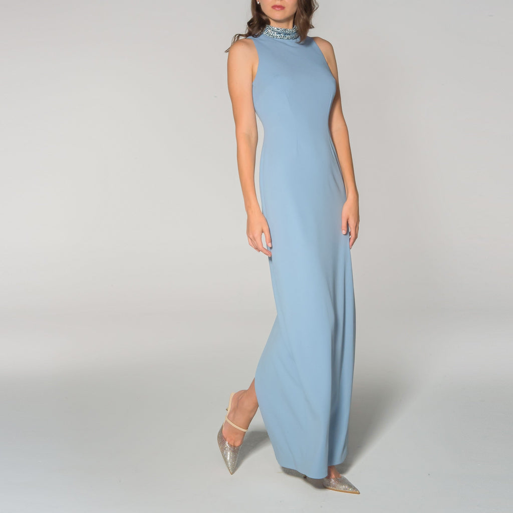 French Blue Jeweled Collar Sleeveless Gown