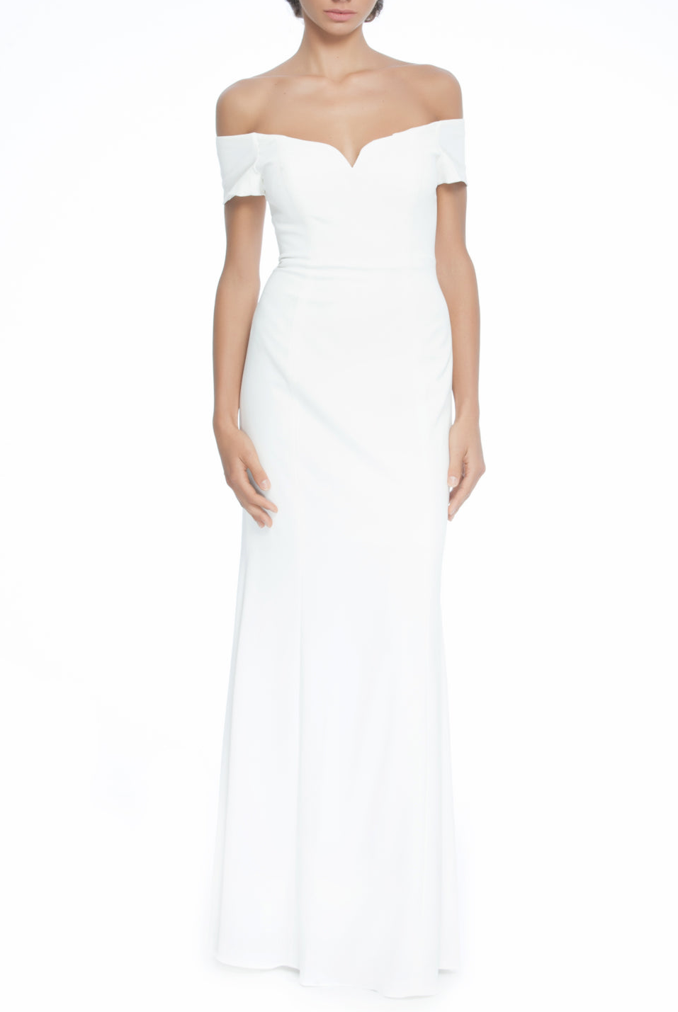 White Off Shoulder Sleeve Gown, Clothes,Designers,Wedding Season Dresses, BADGLEY MISCHKA - elilhaam.com