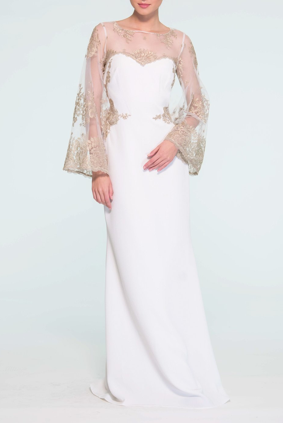 Clothes,Designers - Lace Cape Sleeve Gown-Ivory