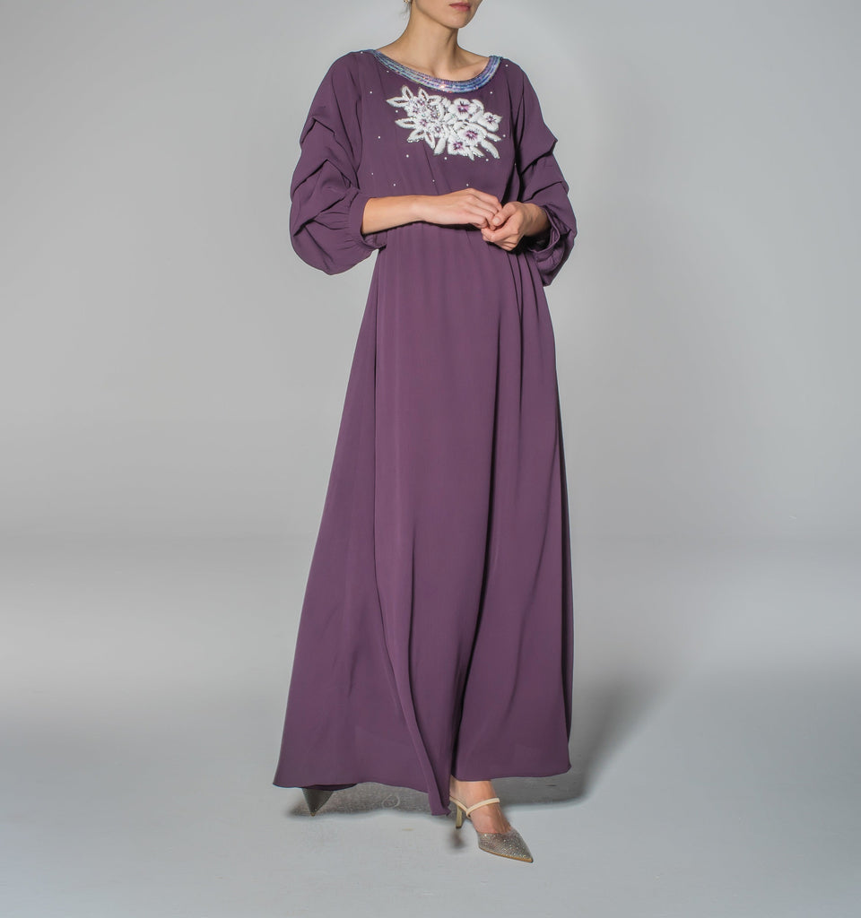 Purple Gathered Sleeves Embroidered  Dress