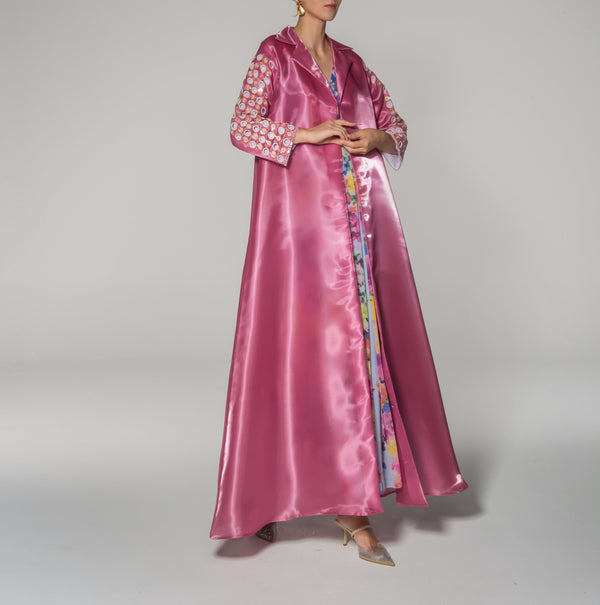 Dark Pink Silk Taffeta Beaded Sleeves Abaya