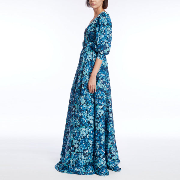 Teal Multi Printed V Neckline Puff Sleeve Gown