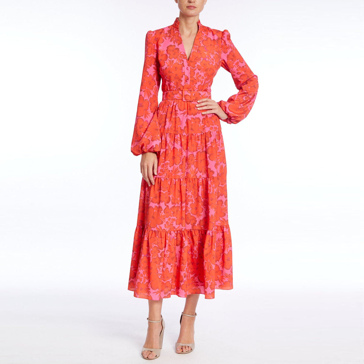 Watermelon Multi Floral Print Tiered Midi Dress with Belt Elilhaam Watermelon Multi Floral Print Tiered Midi Dress with Belt Elilhaam