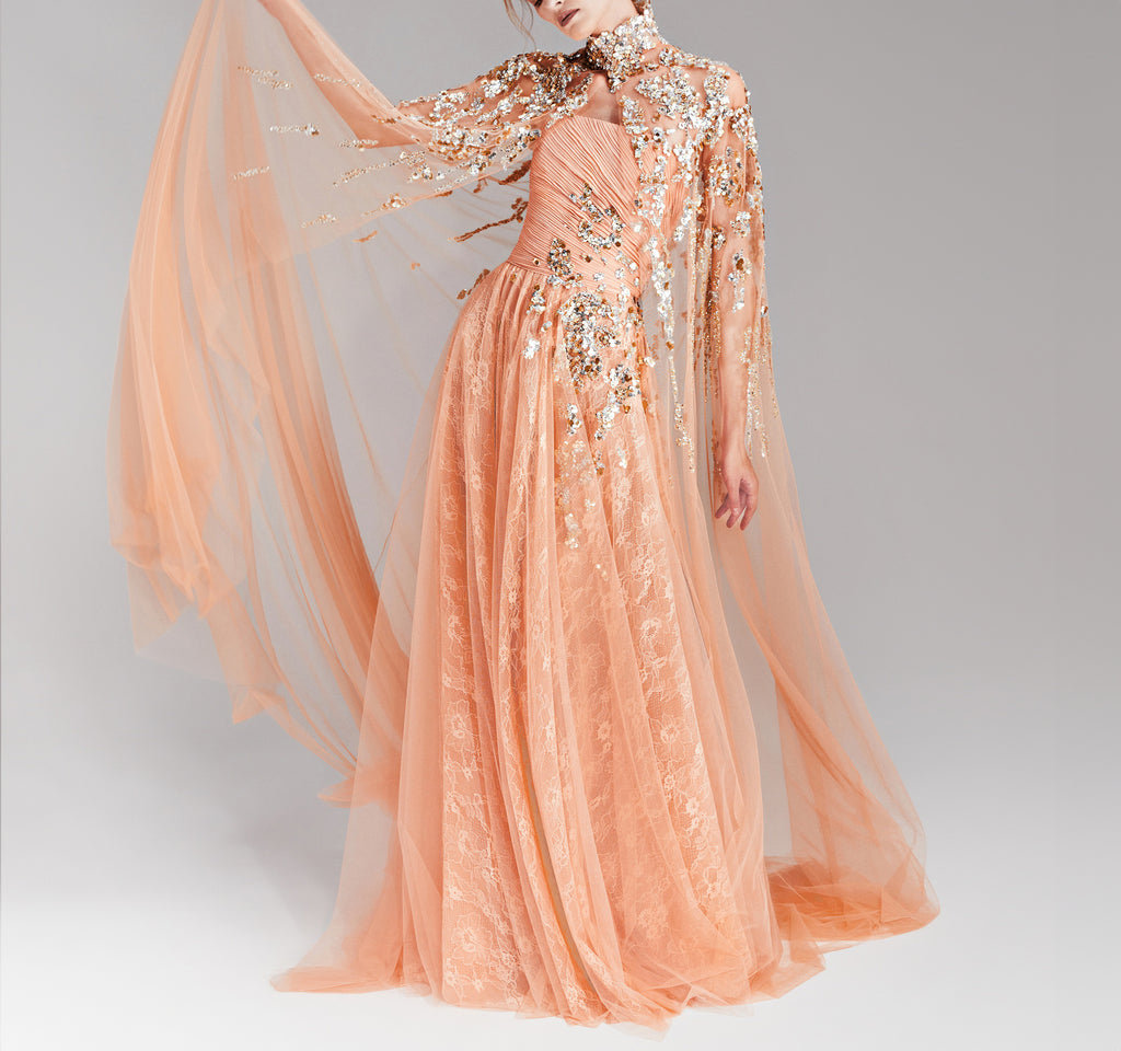 Peach Tulle Dress with A Draped Bust