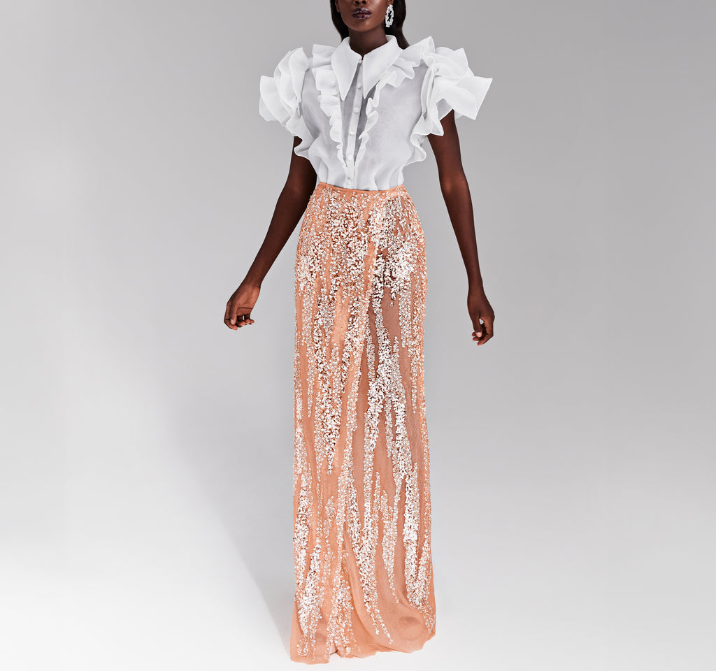 Fully Beaded Peach Skirt with Shimmery Embellishments