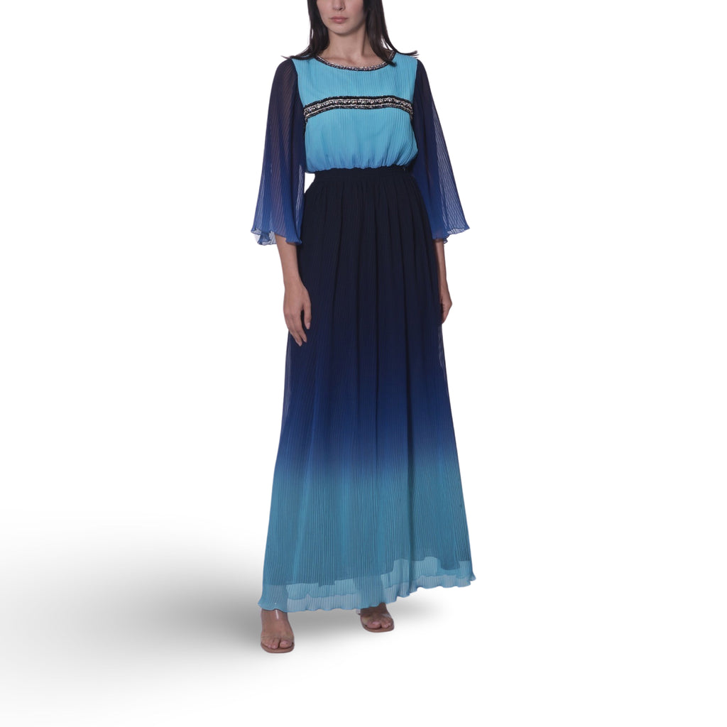 أومبير الأزرق مطرز فستان طويل