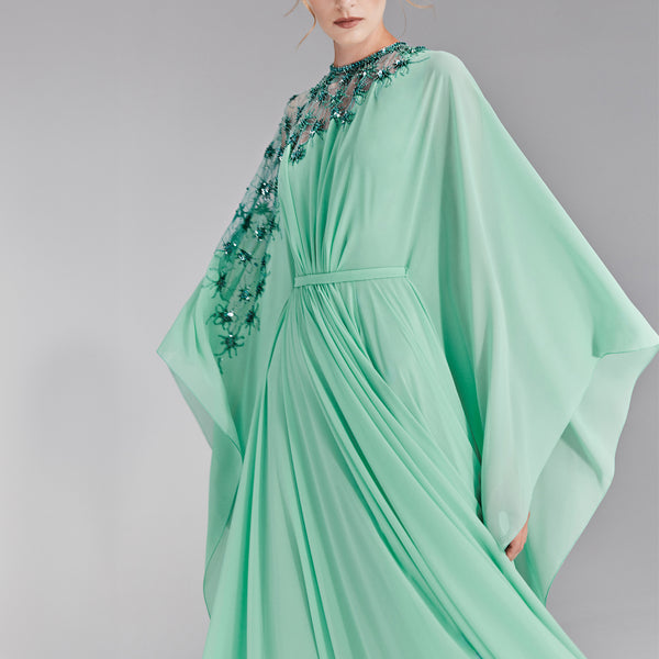 فستان قفطان أخضر كريب حريري