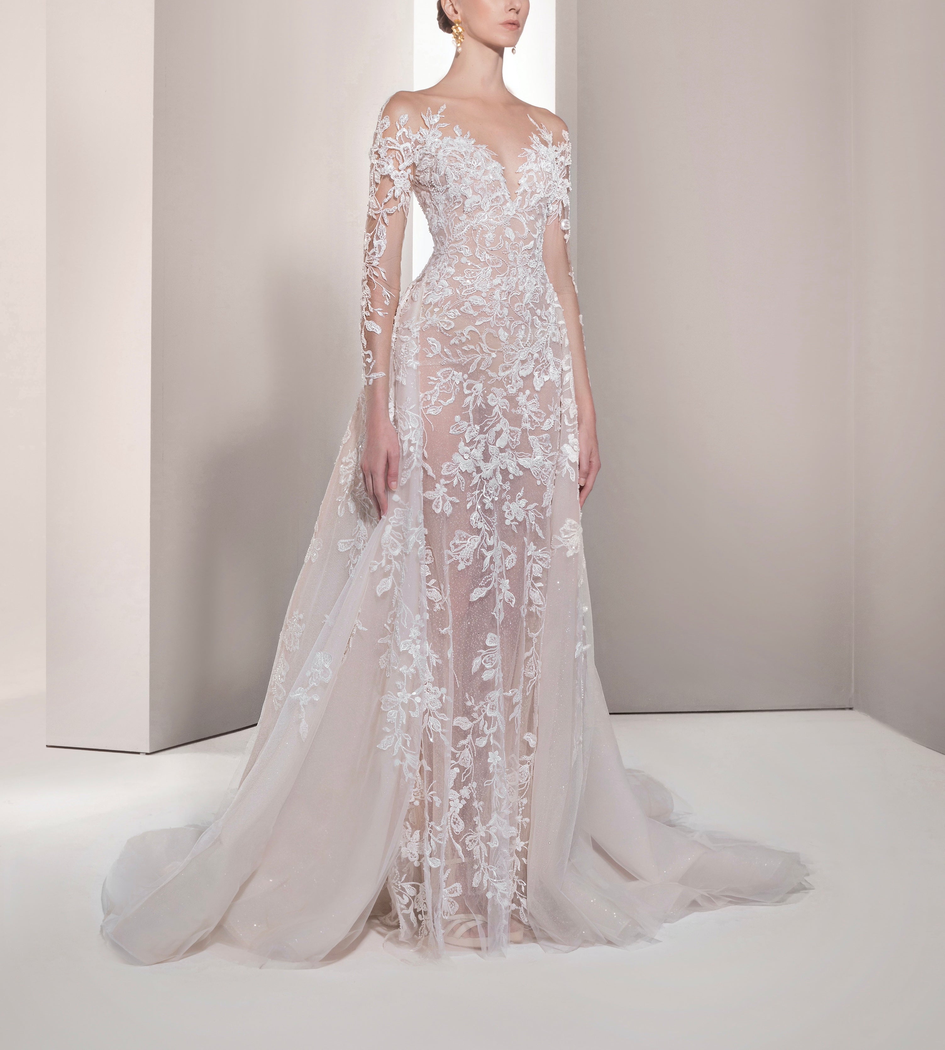 Tulle Fitted Dress with French Lace Cut-outs by Tony Ward