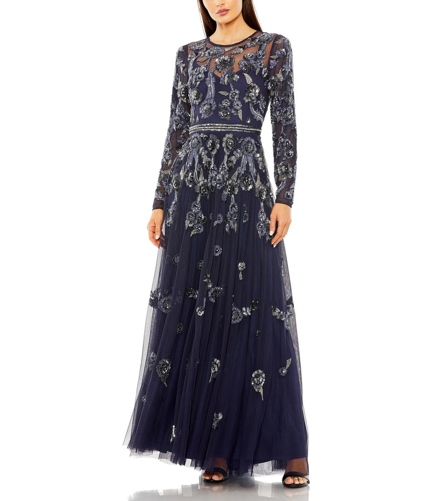 Long Sleeve High Neck Floral Bead A-Line Gown