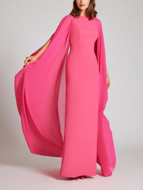 Crepe Column With Chiffon Overlay Cape Gown