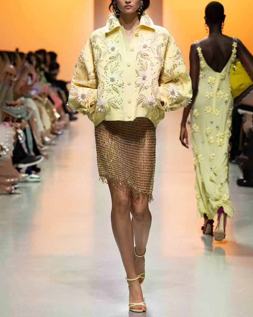 Oversized Beaded Crepe Jacket with Sheer Armored Mesh Skirt