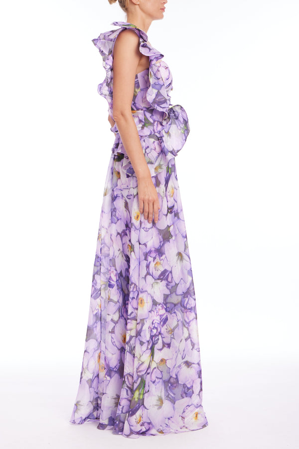 Ruffle One Shoulder Floral Gown