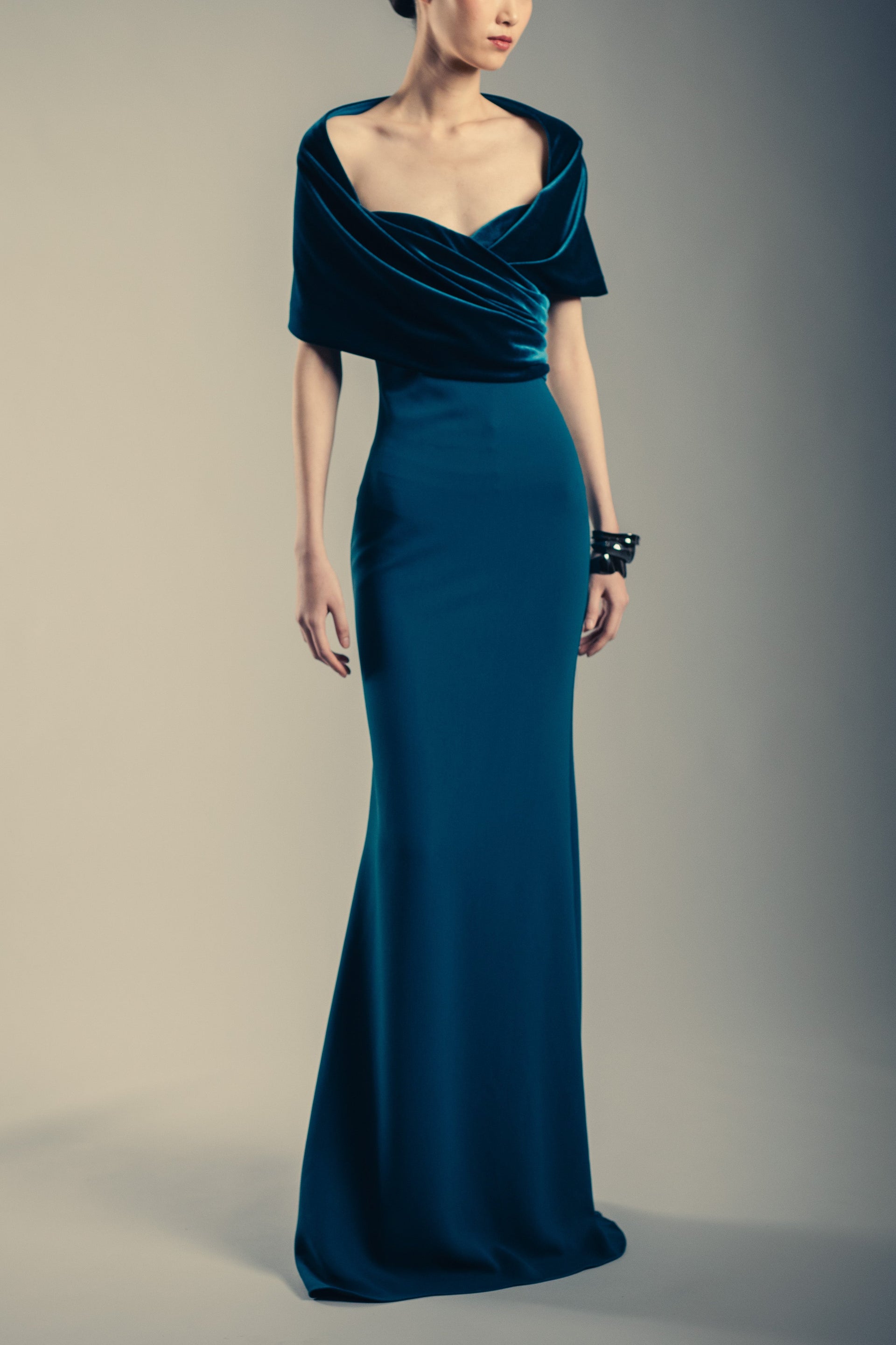 Teal Velvet Draped Gown by BADGLEY MISCHKA – Elilhaam