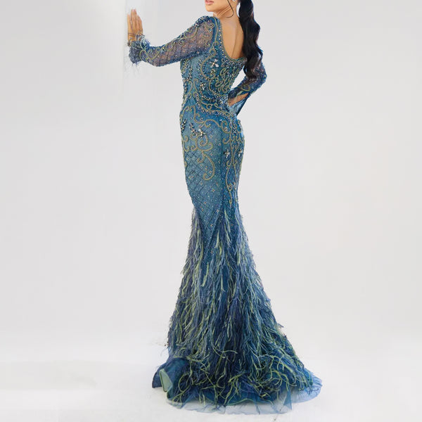 Long Sleeves Tulle Trumpet Evening Gown