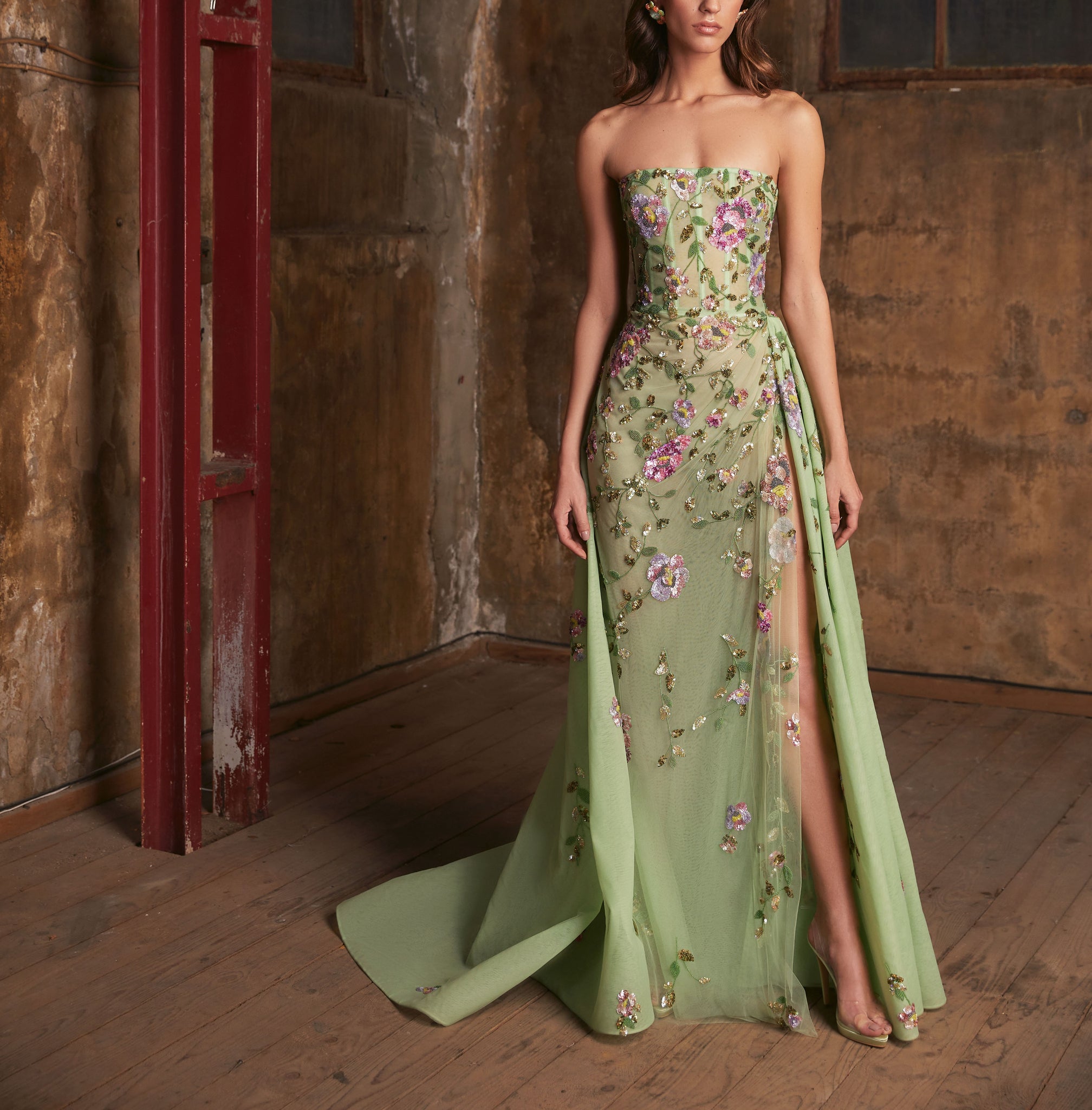 Deep V Sexy Mesh See-through Embroidered Floral Long Slip Dress main image 1