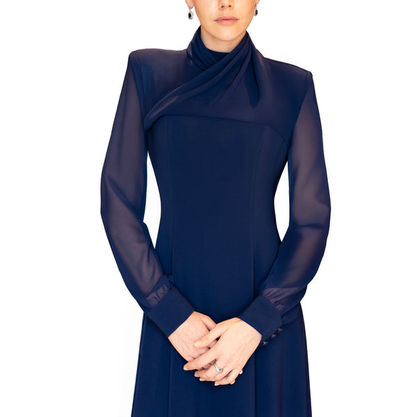 Navy Blue High-Neck Long Dress