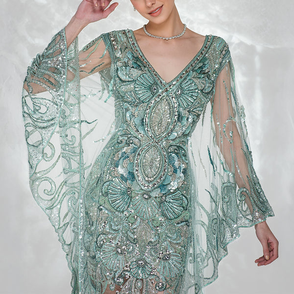 Etheral Mint Embellished Gown with Flowing Cape Sleeves