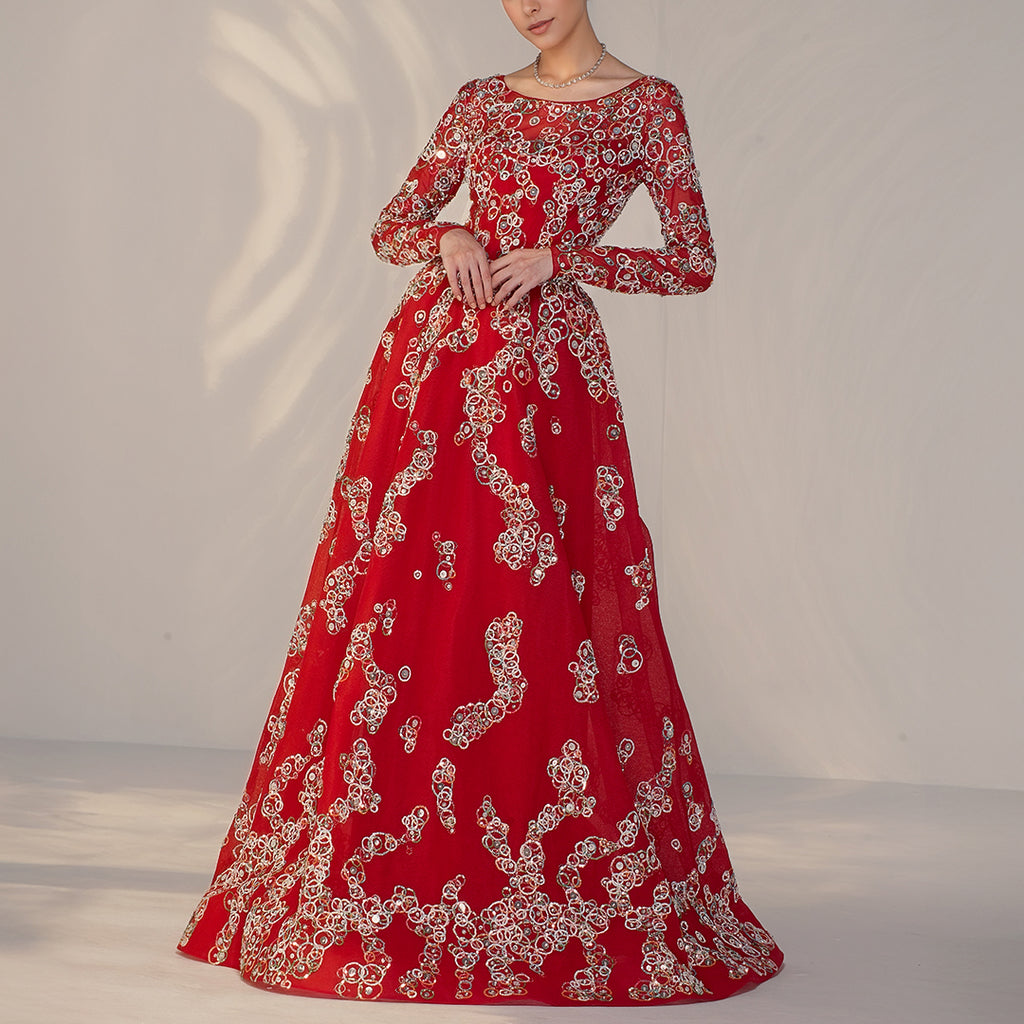 Ruby Red Organza Dress with Layered Full Sleeves and Multi-Colored Embroidery