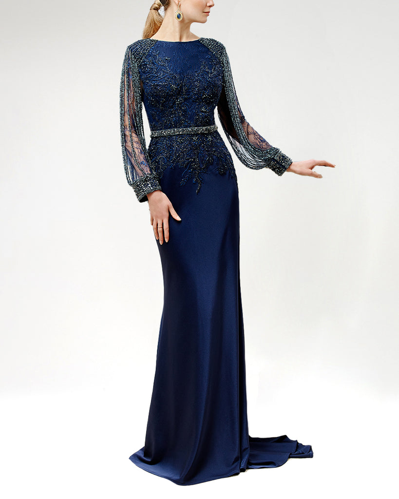 Navy Embellished Top Lace Gown