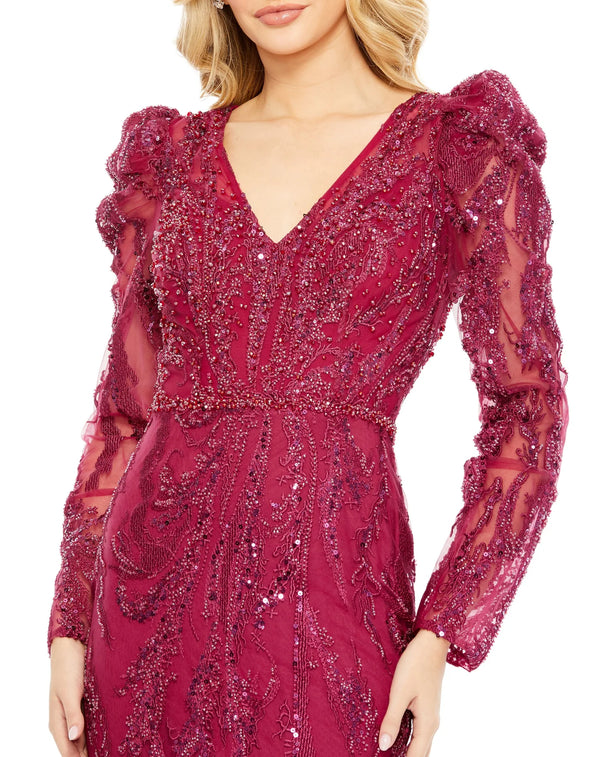 Embellished Puff Sleeve V-Neck Gown