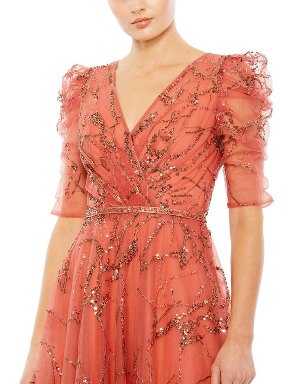 Embellished Gathered Puff Sleeve Faux Wrap Gown