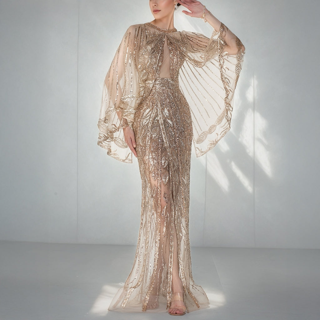Rose Gold Foliage Embroidered Dress with Delicate Double Cape