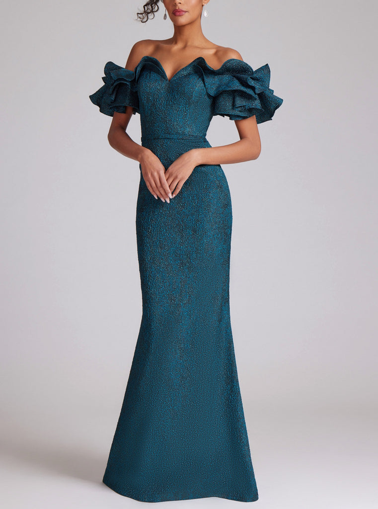 Ruffle Off Shoulder Metallic Jacquard Gown