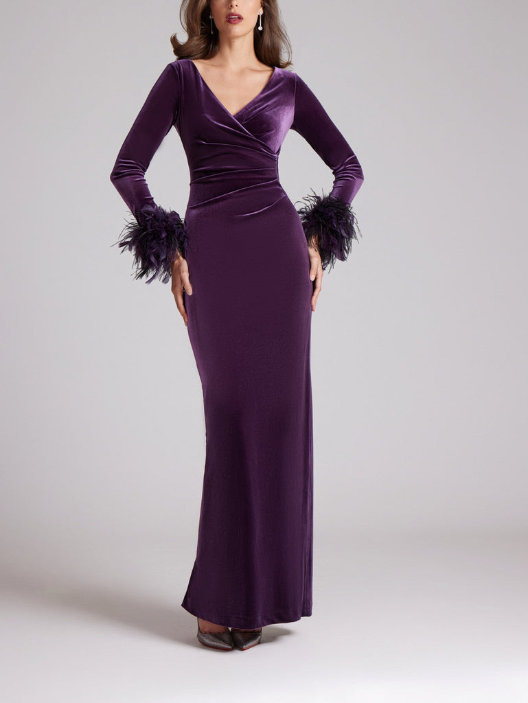 Velvet Side Drape Feather Trim Gown