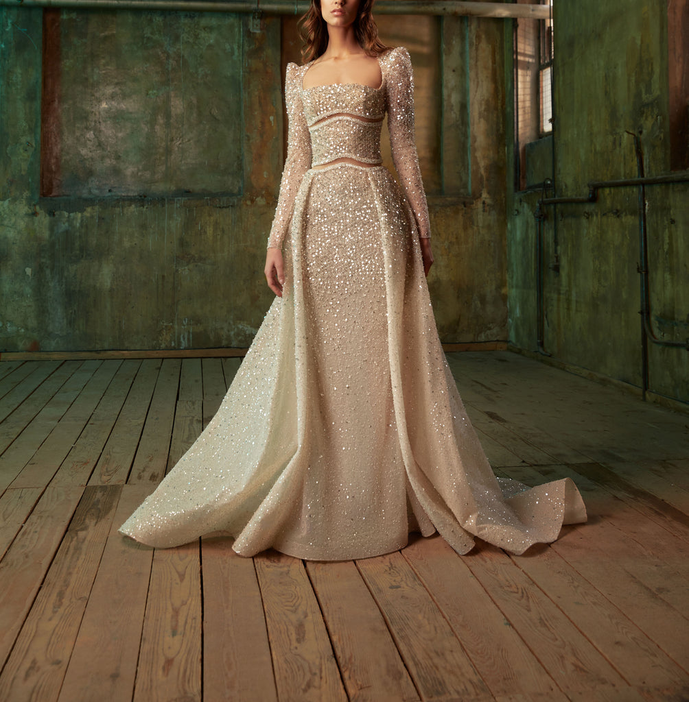Embroidered tulle gown sales