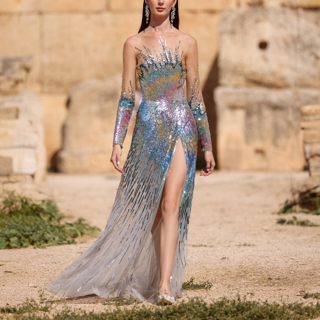 Beaded Tulle Dress with Slit