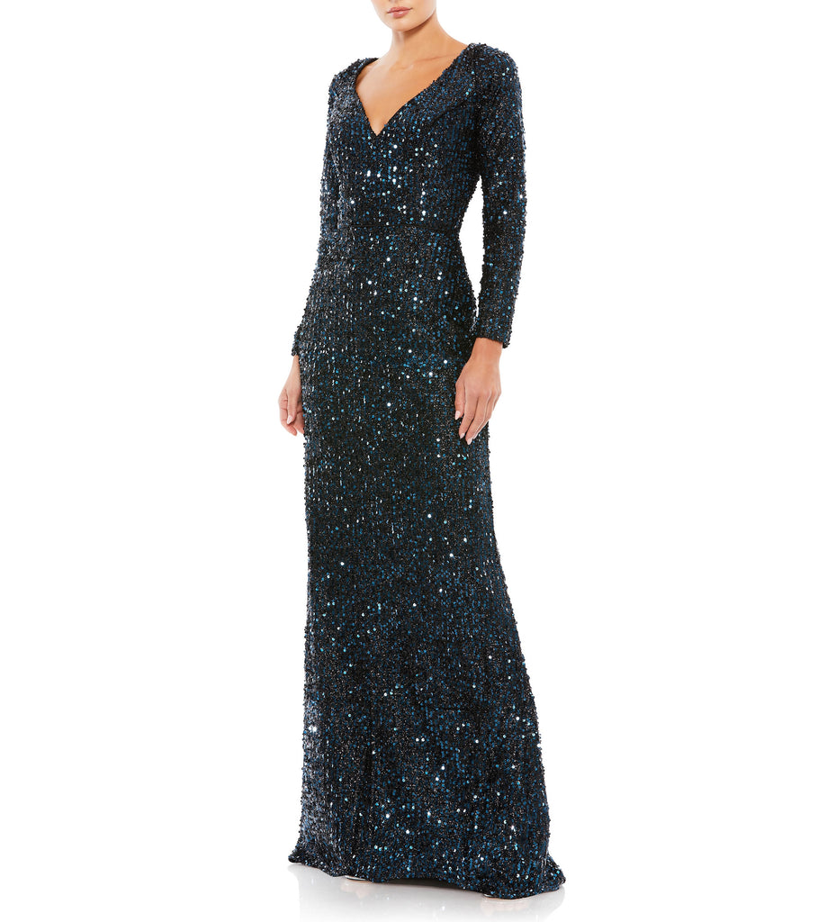 Midnight Sequined Sweetheart Long Sleeve Gown