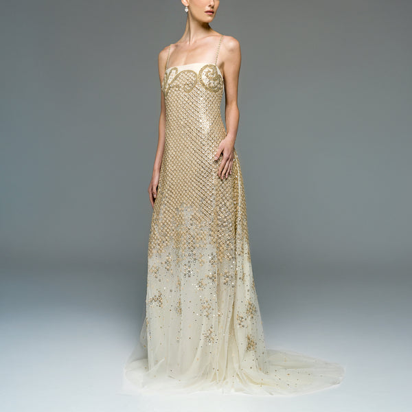 Beaded Tulle Dress with Crystallized Neckline And Floral Mesh Accents
