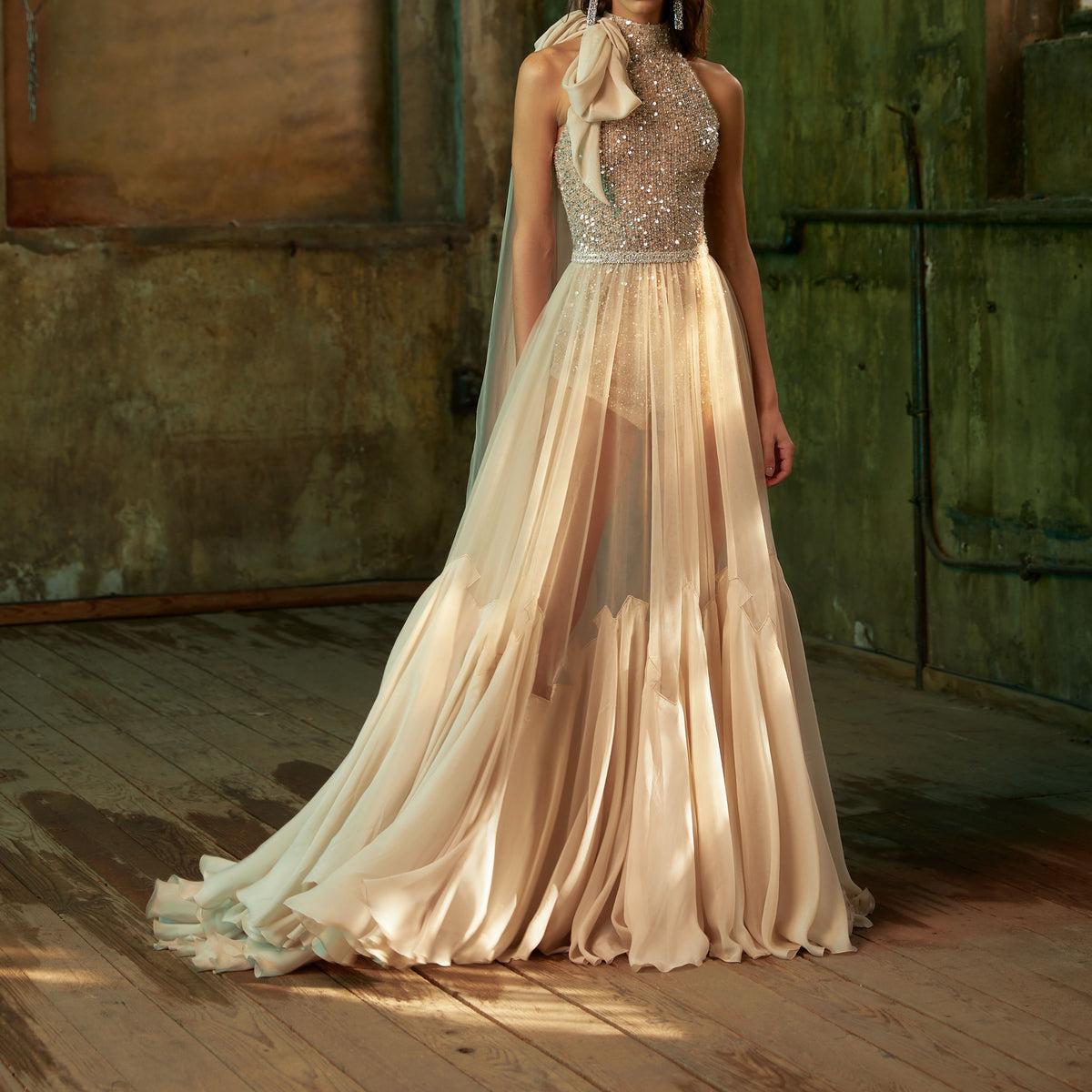 Embroidered Body Suit with A Sheer Tulle Skirt by Tony Ward