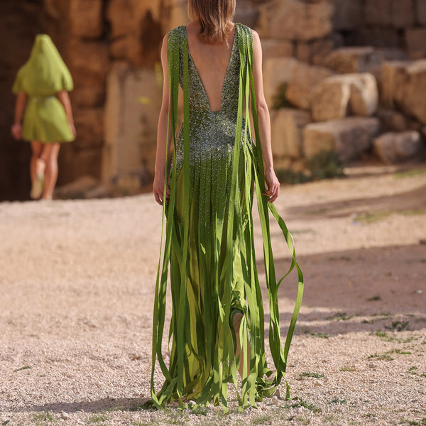 Beaded Georgette Dress with Bands & Slit