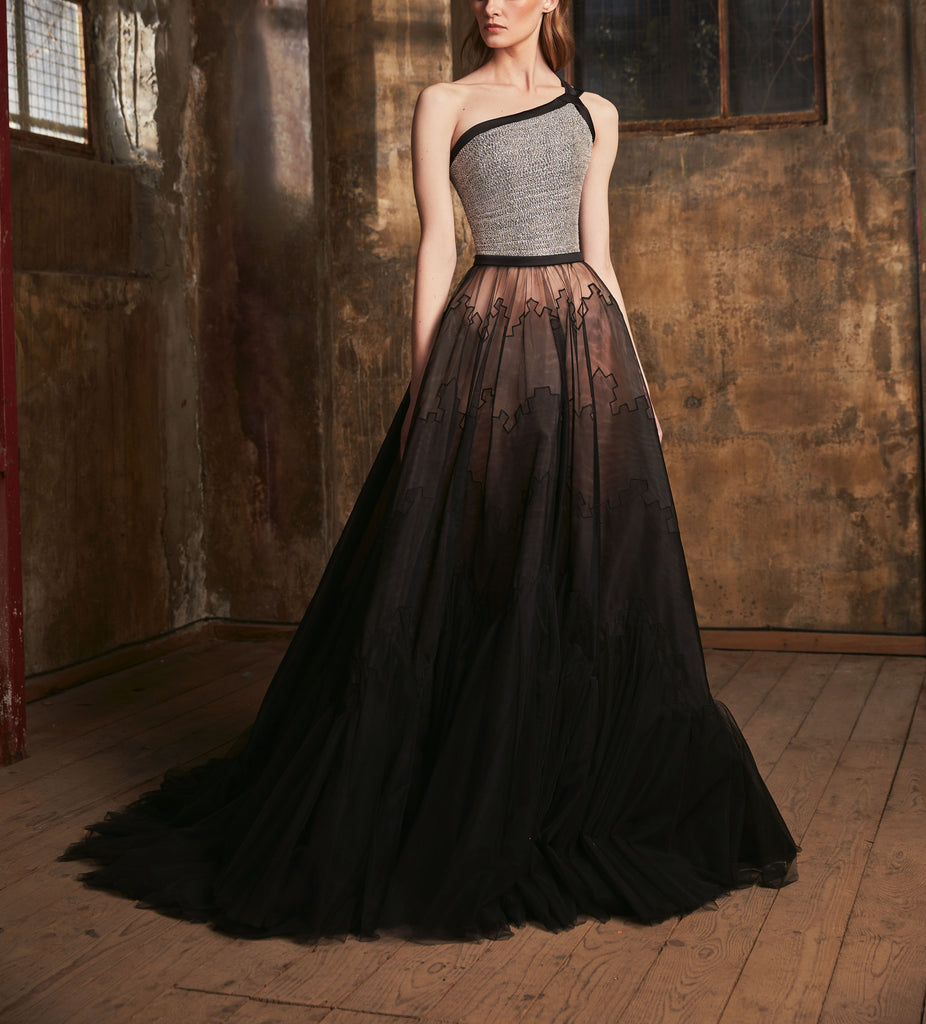 Tulle Black Dress Contrasting A Fully Beaded Silver Corset