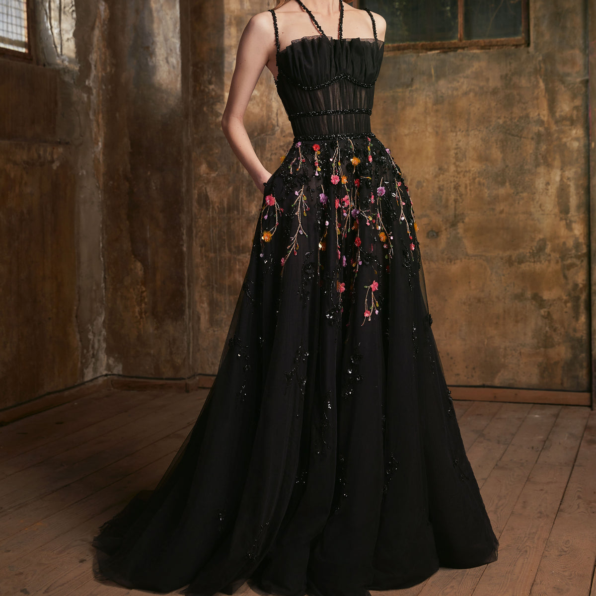 Embroidered Dress with Multicolored Detailing by Tony Ward