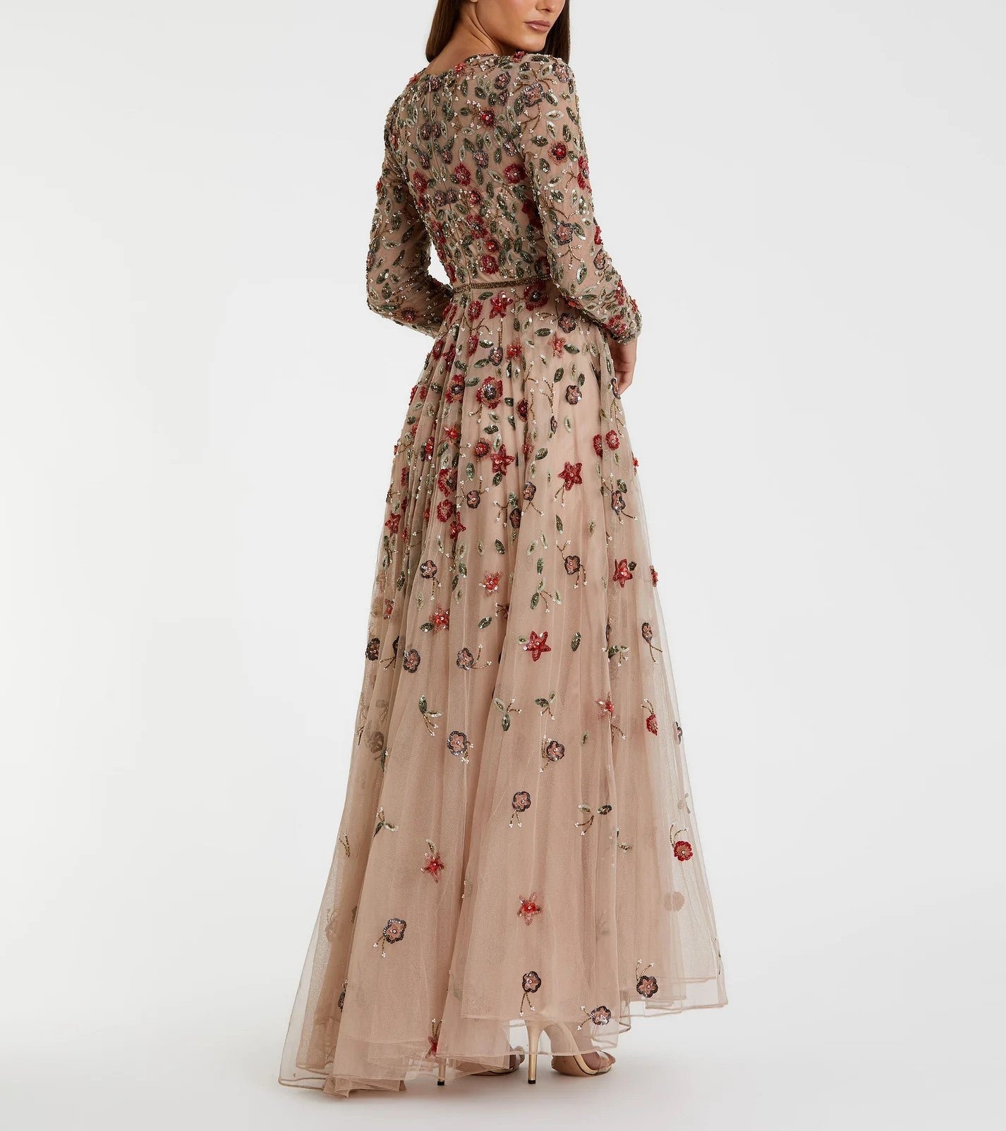 【Mac Duggal】Floral Applique Illusion Gown 関税送料込 Pink Floral Applique Long Sleeve Illusion Gown | Mac Duggal