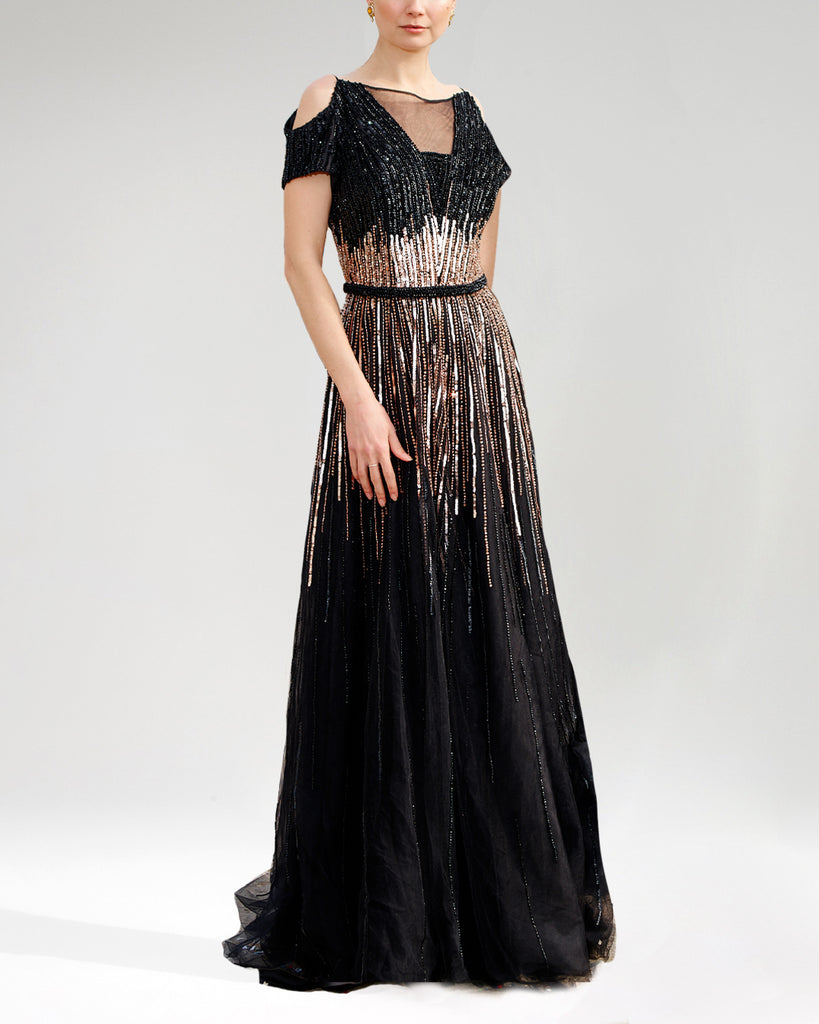 Illusion V Neck Embroidered Gown