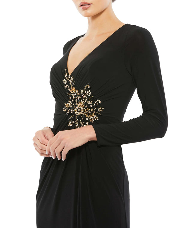 Faux Wrap Long Sleeve Gown