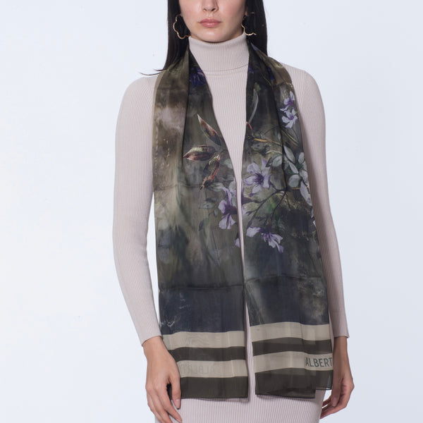 Floral Printed Grey Chiffon Scarf