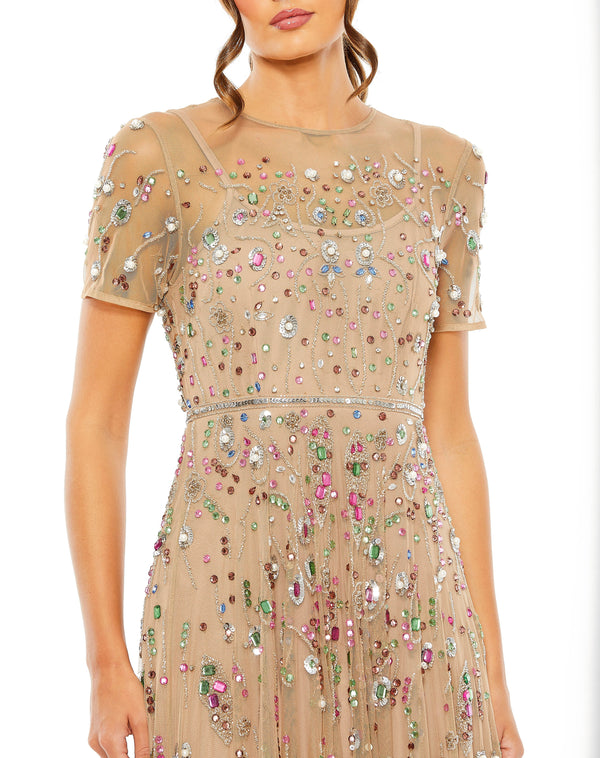 Antique Gold Beads Embellished A-line Pleated Dress