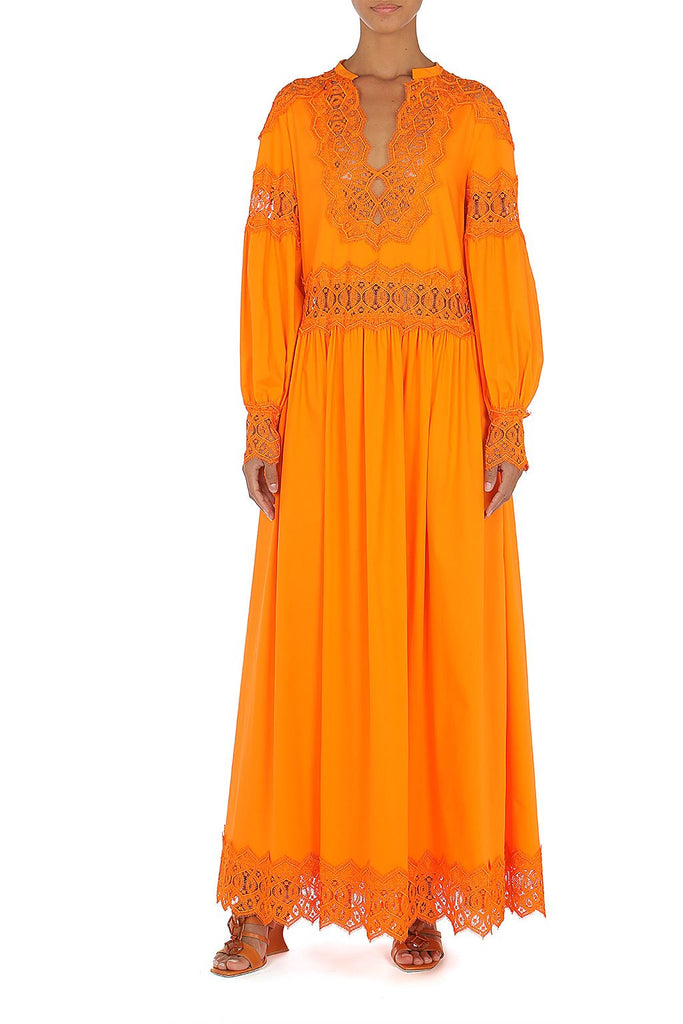 Orange Stretch Popeline Long Dress