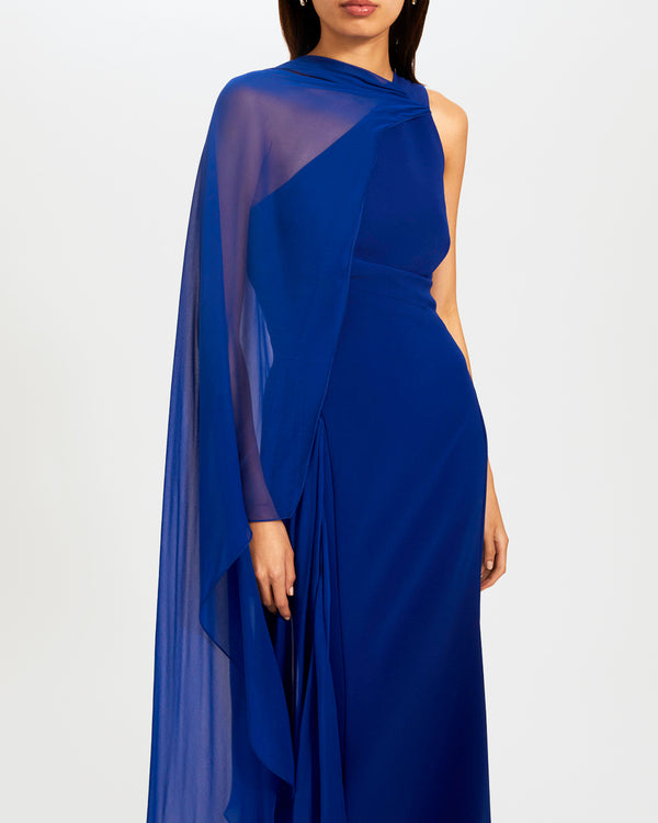 Cobalt One-Shoulder Gown With Chiffon Drape