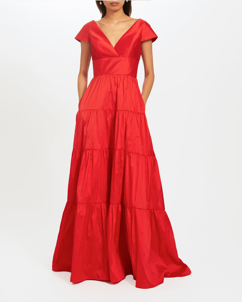 Red Taffeta V-neck A-Line Gown With Gathered Tier Skirt