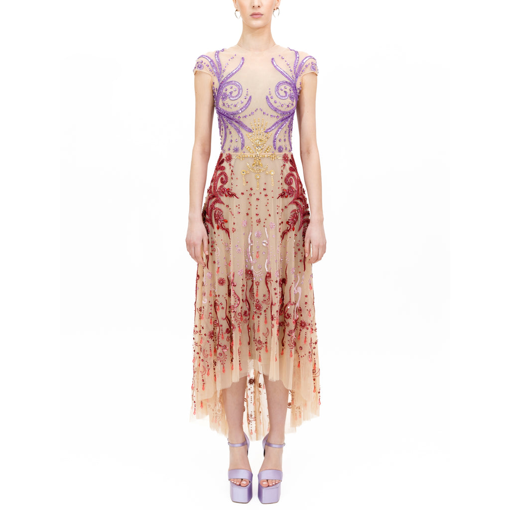 Beaded Tulle Dress With Asymmetrical Hem