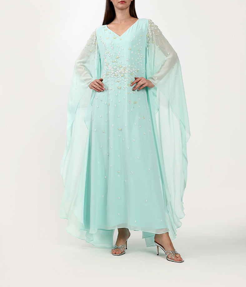 Flower Rush Turquoise Farasha Cut Dress With Handmade Embellishments