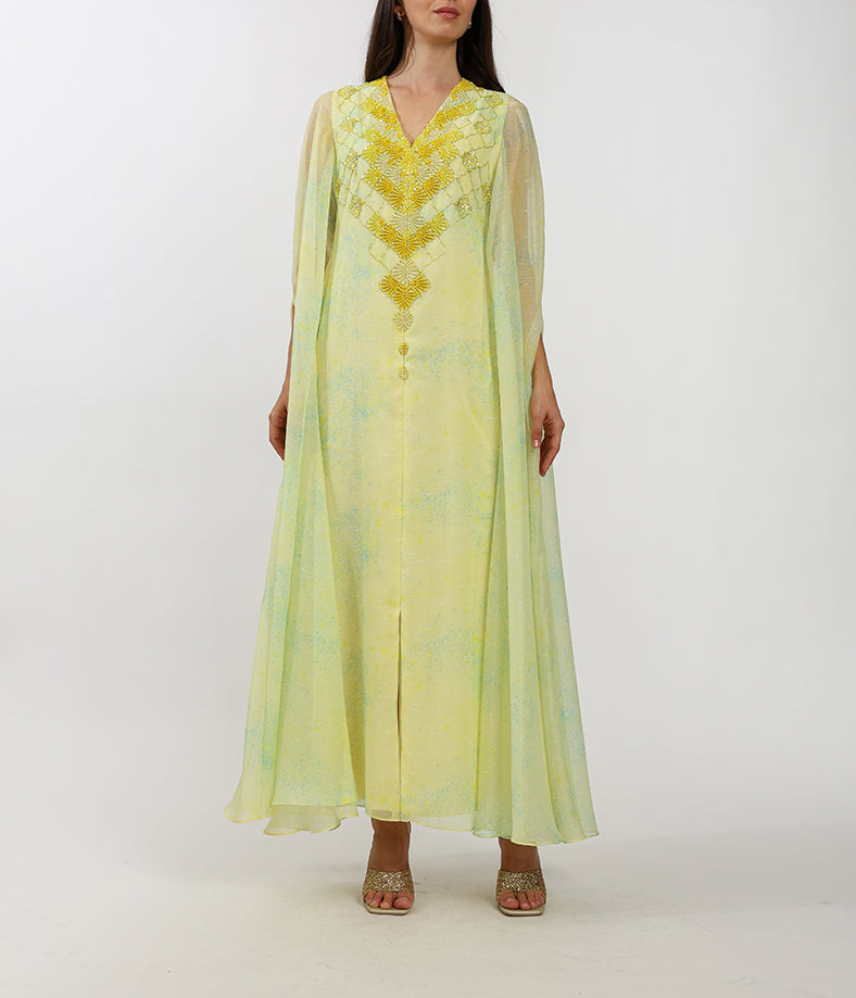 Custom Printed Yellow Cape Dress With Handcrafted Embellishments