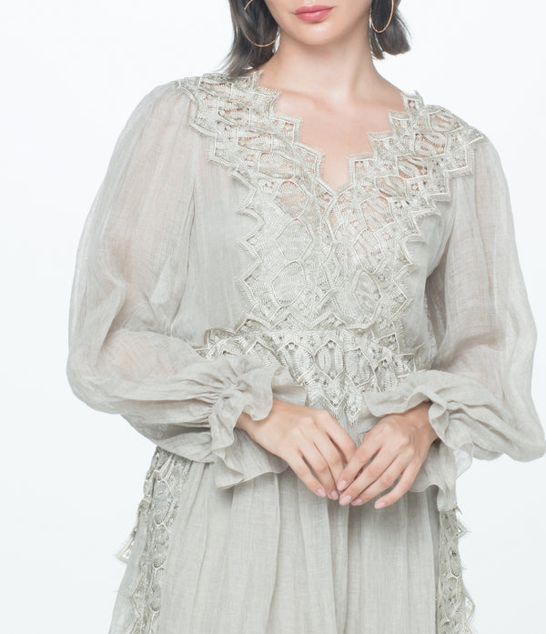 Light Grey Linen Dress With Lace