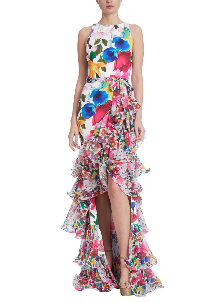 Sleeveless Floral Silk Maxi Gown With Ruffled Slit